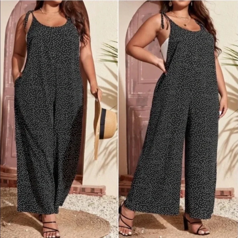 Plus Polka Dot Knot Shoulder Cami Pocket Wide Leg Jumpsuit Dress GREEN - Picture 4 of 6